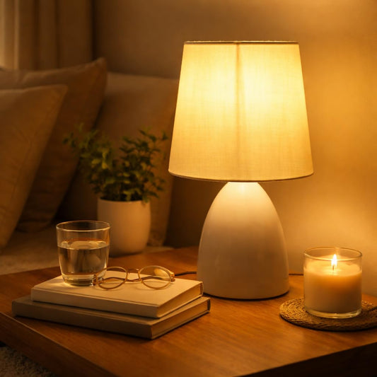Lexton White Fabric Shade Bedside Table Lamp