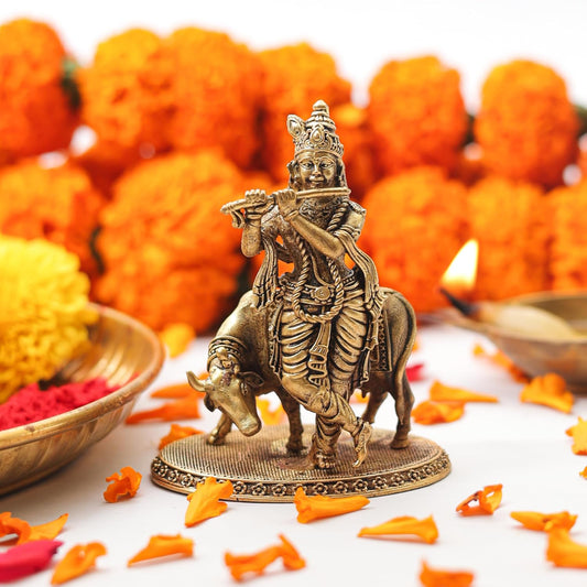 Klassic 3 Inch Brass Lord Krishna Idol with Cow | Mandir & Home Decor