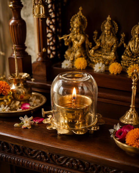 Klassic 3" Brass Akhand Jyoti Diya with Glass Cover & Adjustable Wick Lever