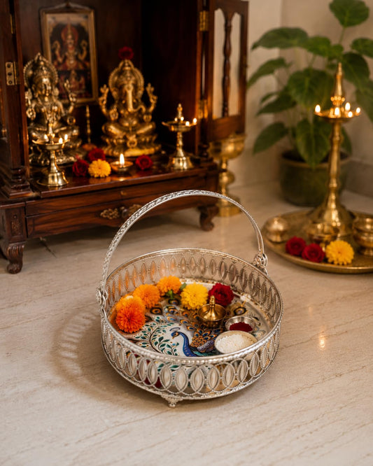 Klassic 7 Inch Decorative Peacock Puja Basket with Handle & Stand