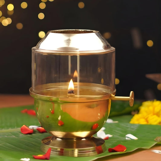 Klassic Pure Brass Akhand Diya 6 Inch with Glass Cover & Adjustable Bati