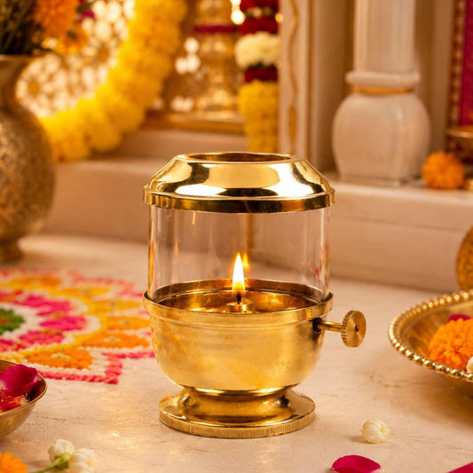 Klassic Pure Brass Akhand Diya 6 Inch with Glass Cover & Adjustable Bati