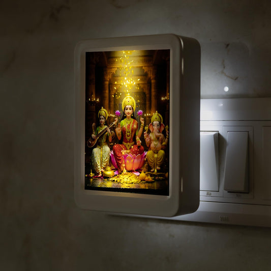Decorative night light with an image of deities on a wall switch.