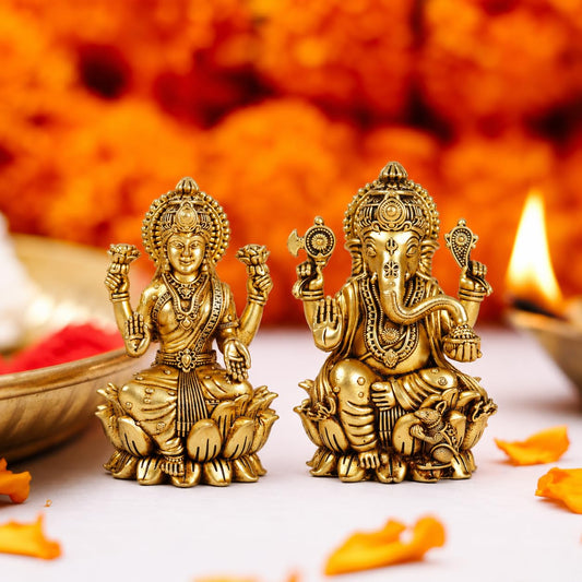 Klassic 3.5 Inch Brass Lakshmi Ganesha Idol Set – Antique Finish