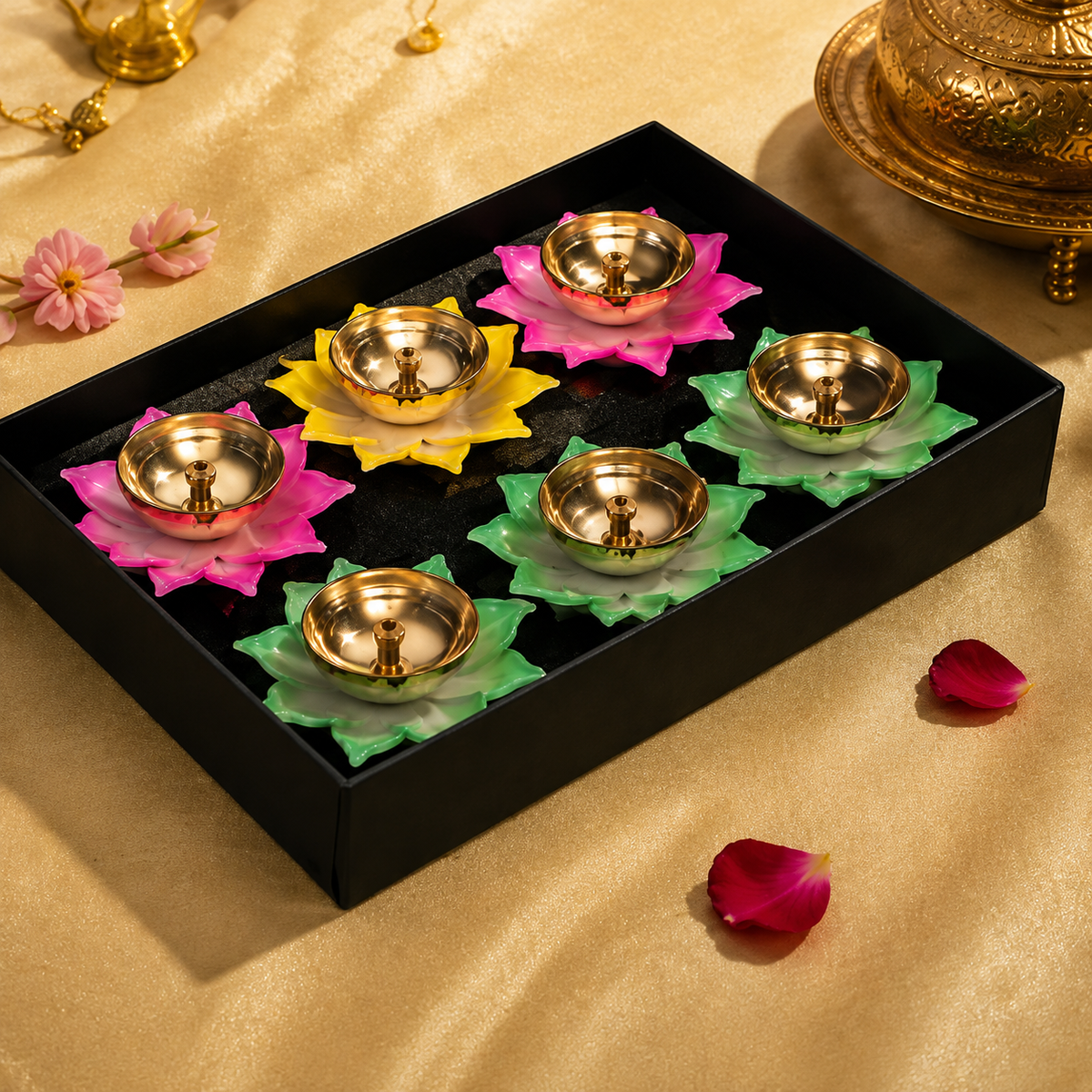 Klassic Lotus Shaped Multicolour Diya Set for Beautiful Puja and Festive Decor