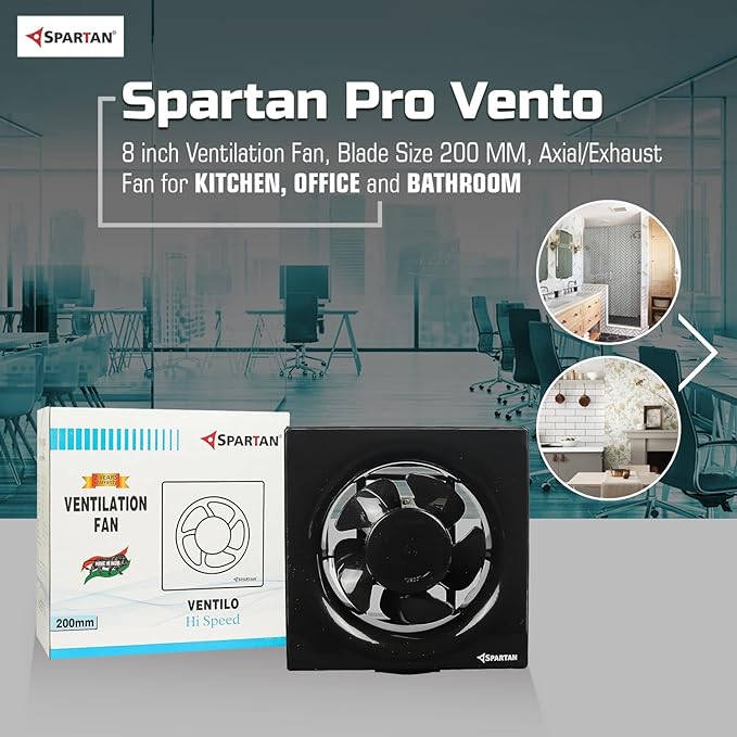 Spartan Ventilo 8 inch Exhaust Fan | Blade Size 200 mm | 6 Months Warranty | Black Ventilation Fan | For Kitchen, Office and Bathroom