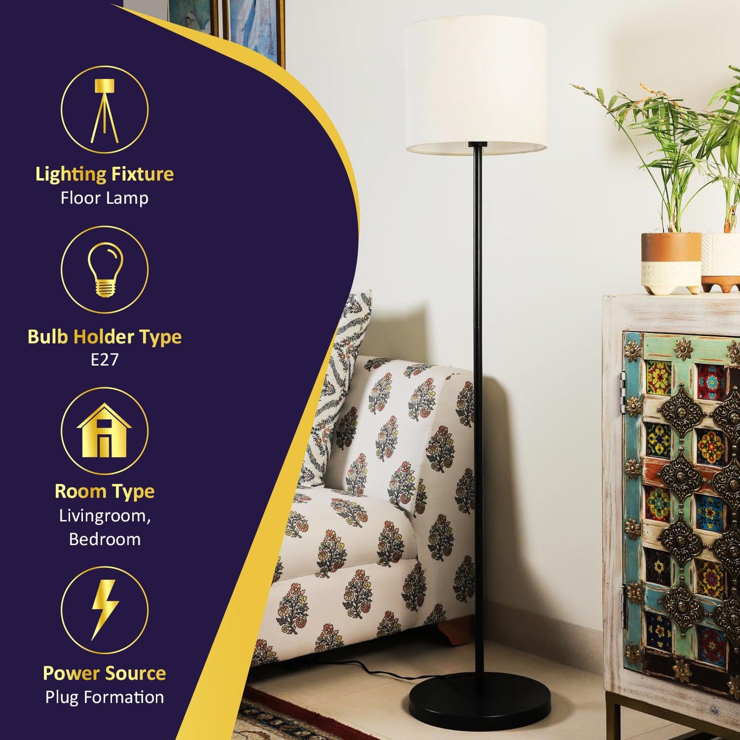 Lexton Eco DIY Metal Floor Lamp with White Shade – Black