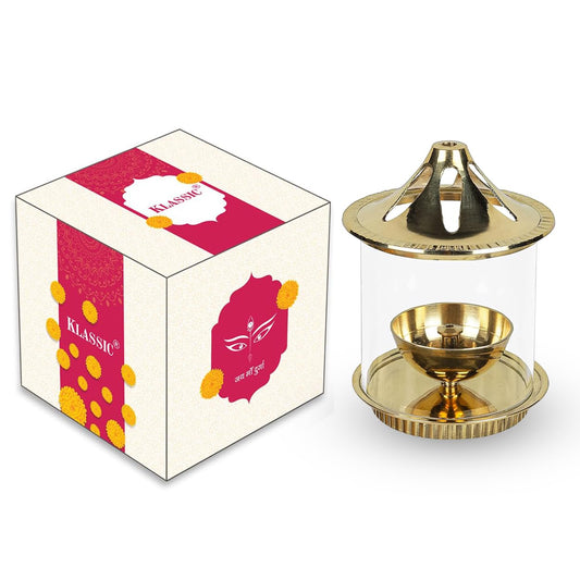 Klassic Brass Vachi Diya with Borosilicate Glass Shade – 5 Inch