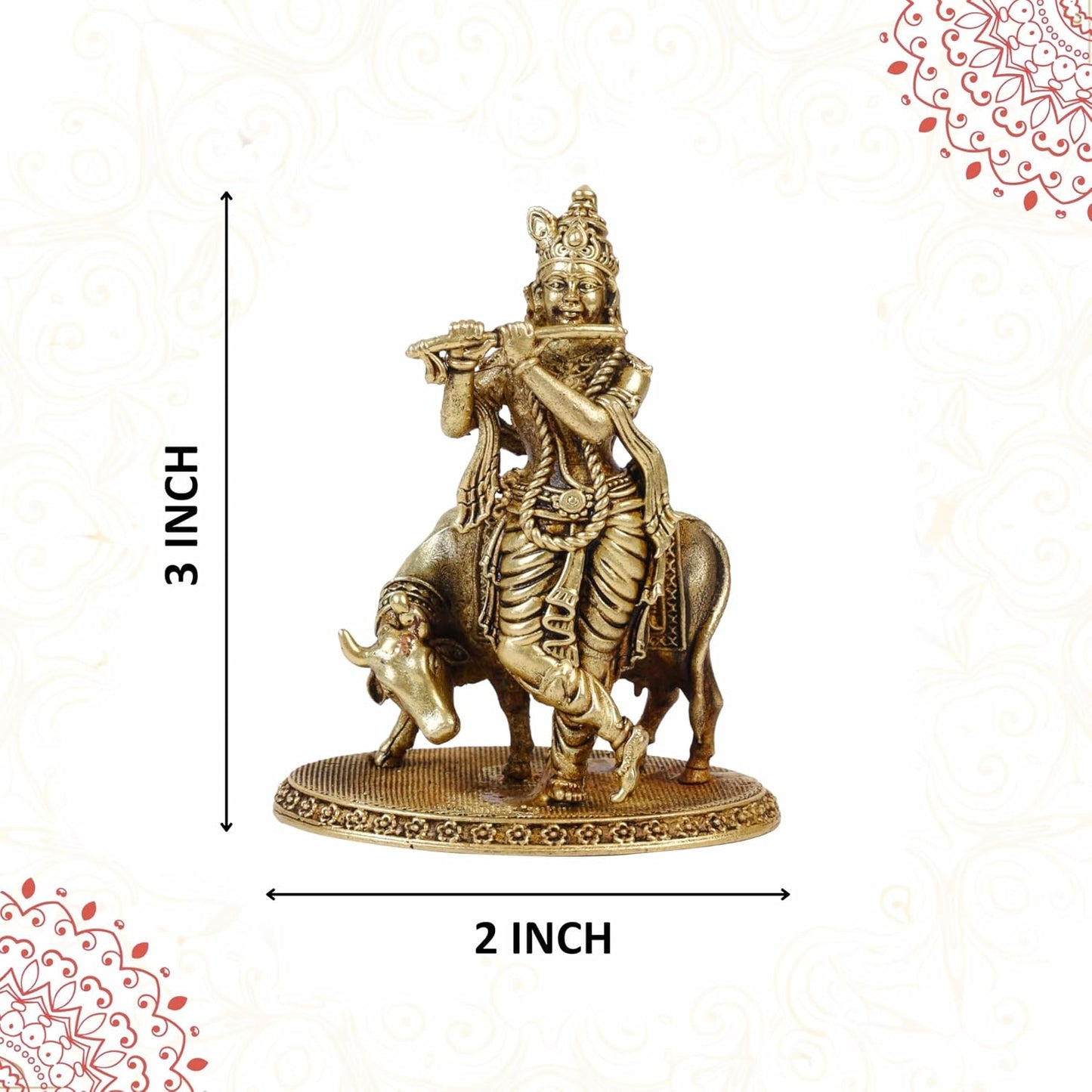 Klassic 3 Inch Brass Lord Krishna Idol with Cow | Mandir & Home Decor
