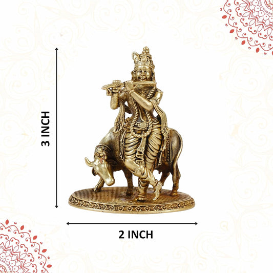 Klassic 3 Inch Brass Lord Krishna Idol with Cow | Mandir & Home Decor