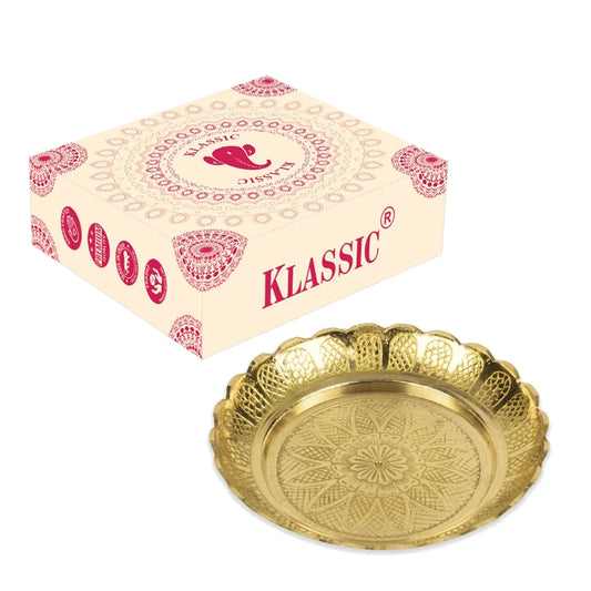 Klassic Engraved Small Brass Pooja Thali for Prasad Bhog, Diya Thali in Mandir (Gold), 5 Inch