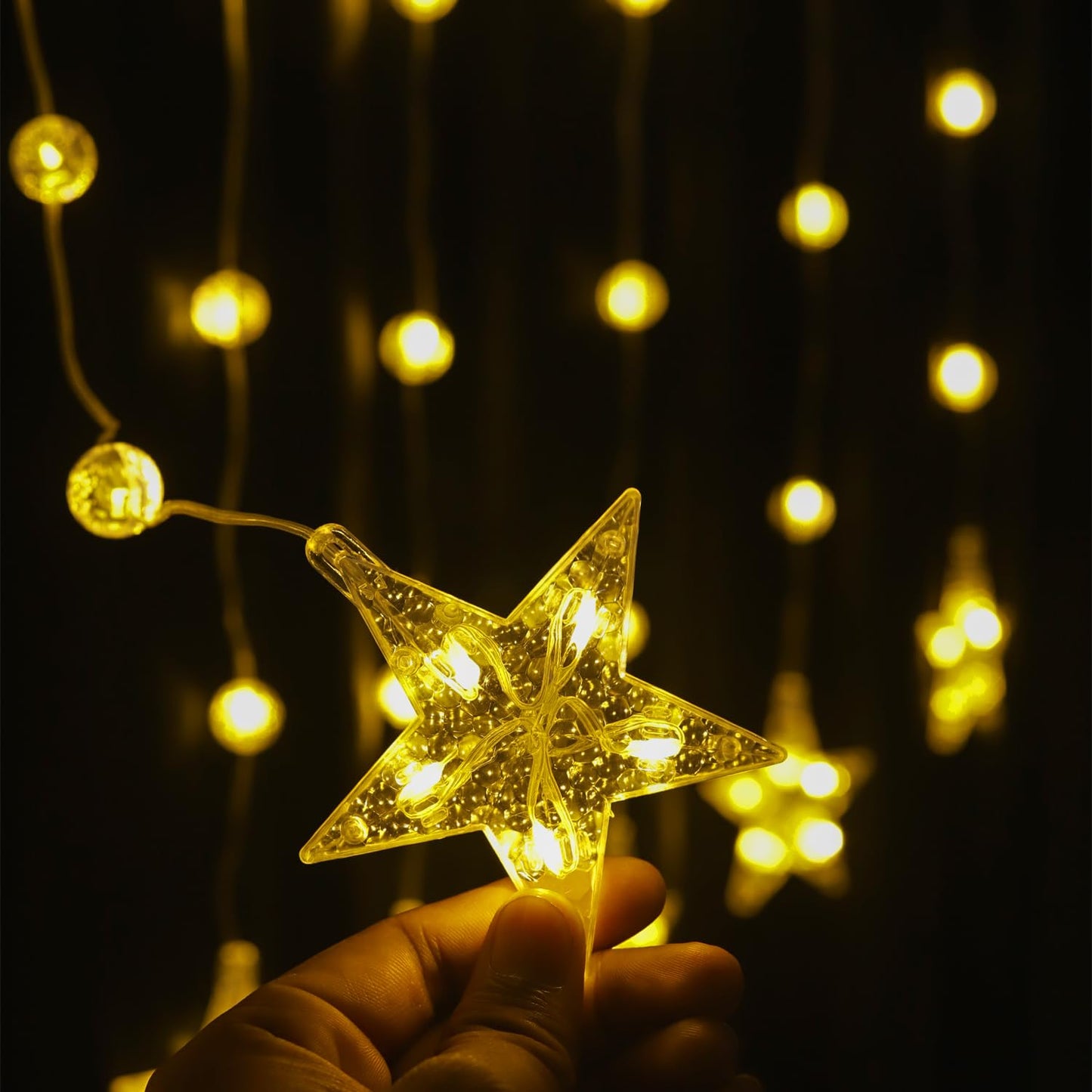 Lexton Warm White Star Curtain Lights | 81 LEDs, 8 Flash Modes for Home, Party & Festival Decor