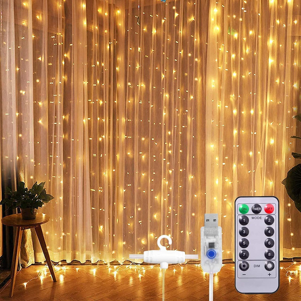 Lexton 3M Copper Curtain Fairy Lights, 300 LED Warm White String Lights with Remote & USB Power