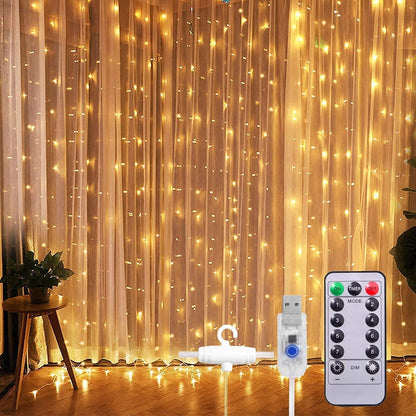 Lexton 3M Copper Curtain Fairy Lights, 300 LED Warm White String Lights with Remote & USB Power