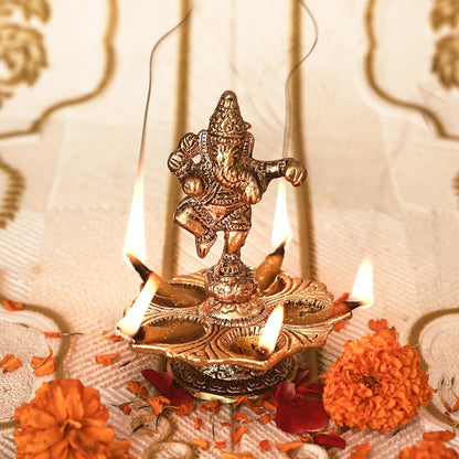 Klassic Antique Ganeshaji Metal Diya | Gold Plated 5 Batti Oil Lamp