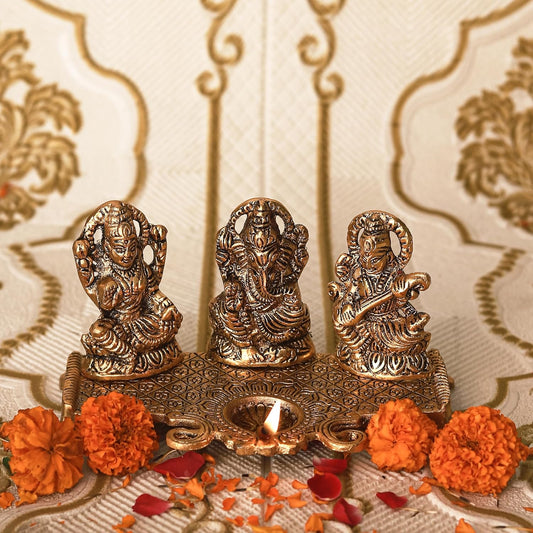 Klassic Golden Laxmi Ganesh Saraswati Idol Diya