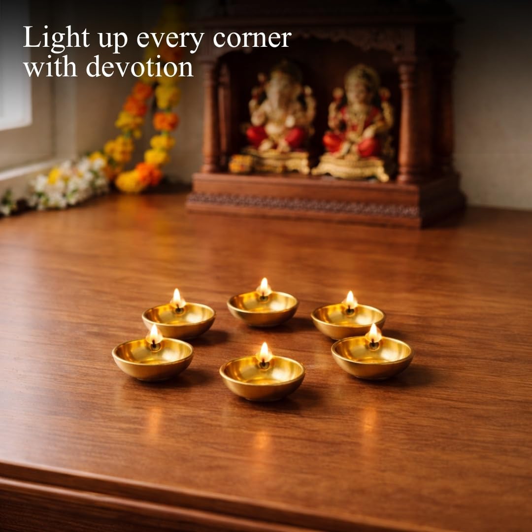 Klassic 2.3 Inch Pure Brass One Mukhi Diya for Puja, Mandir, Diwali Decor | Pack of 6
