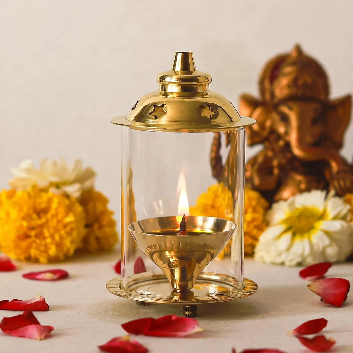 Klassic 4 Inch Pure Brass Navjyoti Akshi Diya with Glass Shade for Puja