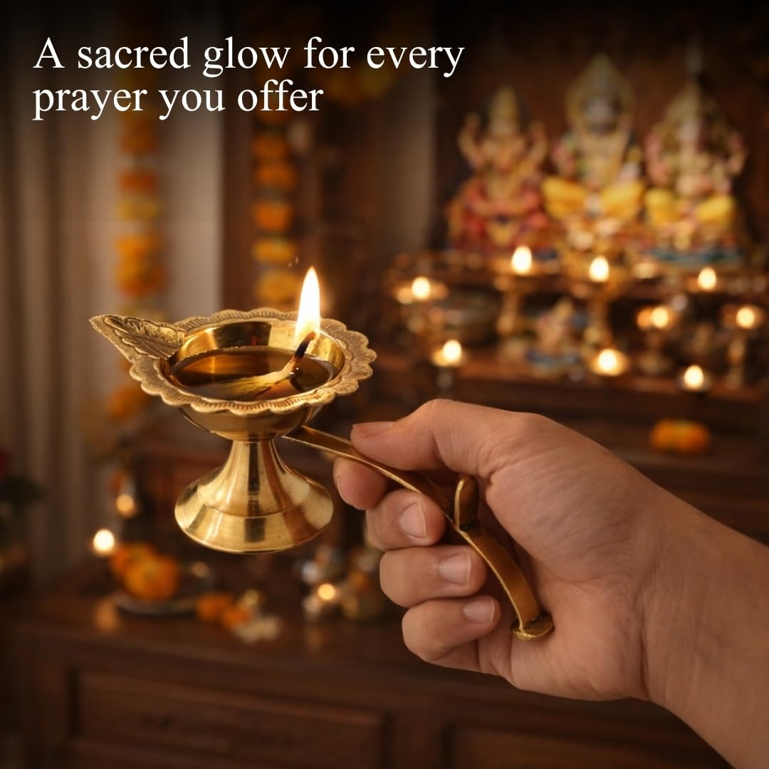 Klassic 4 Inch Pure Brass Aarti Diya for Puja, Home Temple, Mandir & Diwali Decor
