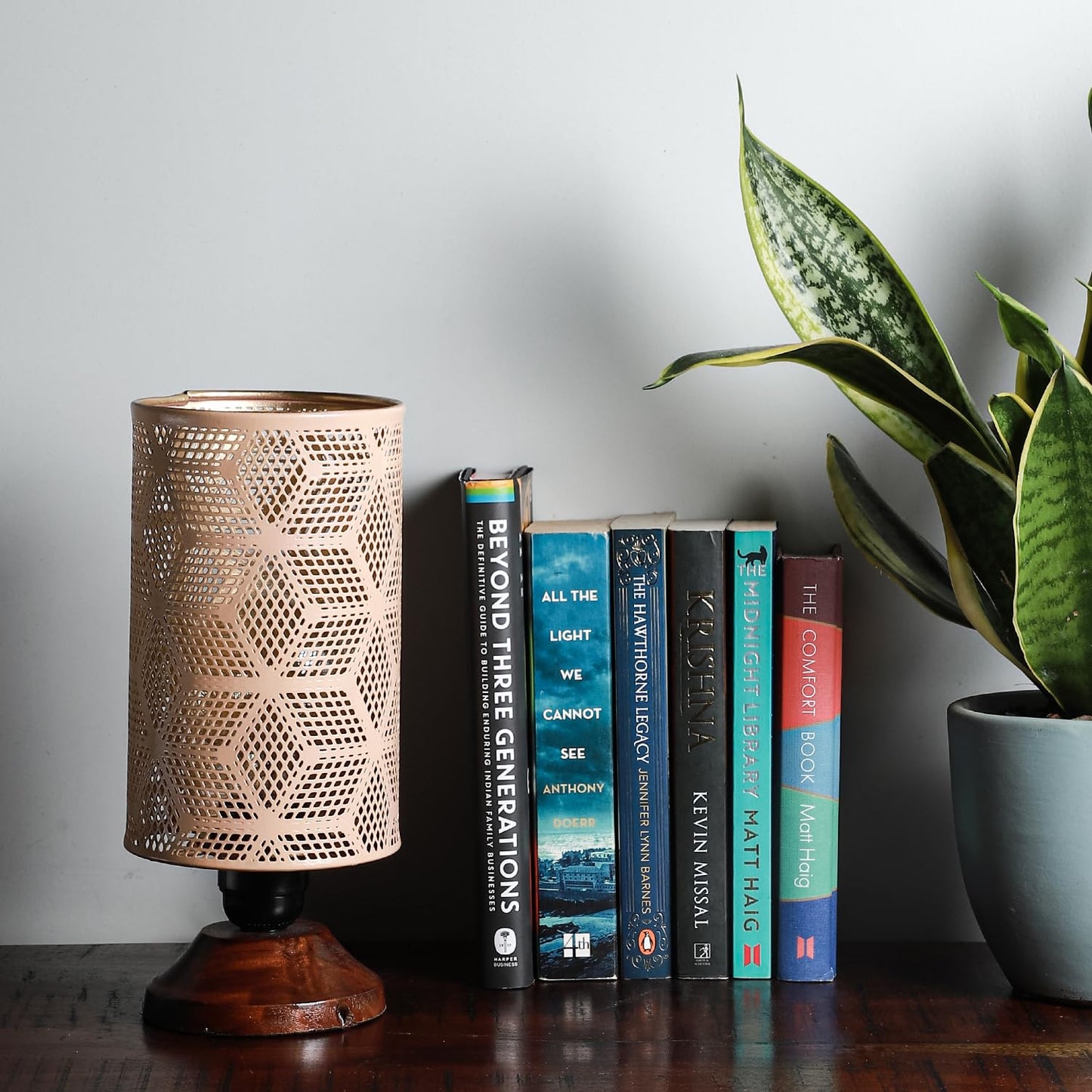 Lexton Moroccan Style Hand-Etched Iron Made Bedside Table lamp | Black Metal Round Frame, E27 Bulb Holder, Wooden Stand, Corded | Suitable for Home Decoration Office (Pack of 1, Bulb Not Included)