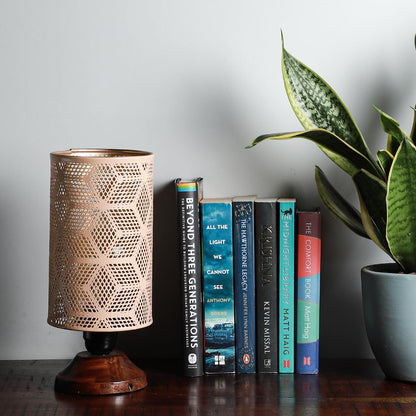 Lexton Moroccan Style Hand-Etched Iron Made Bedside Table lamp | Black Metal Round Frame, E27 Bulb Holder, Wooden Stand, Corded | Suitable for Home Decoration Office (Pack of 1, Bulb Not Included)