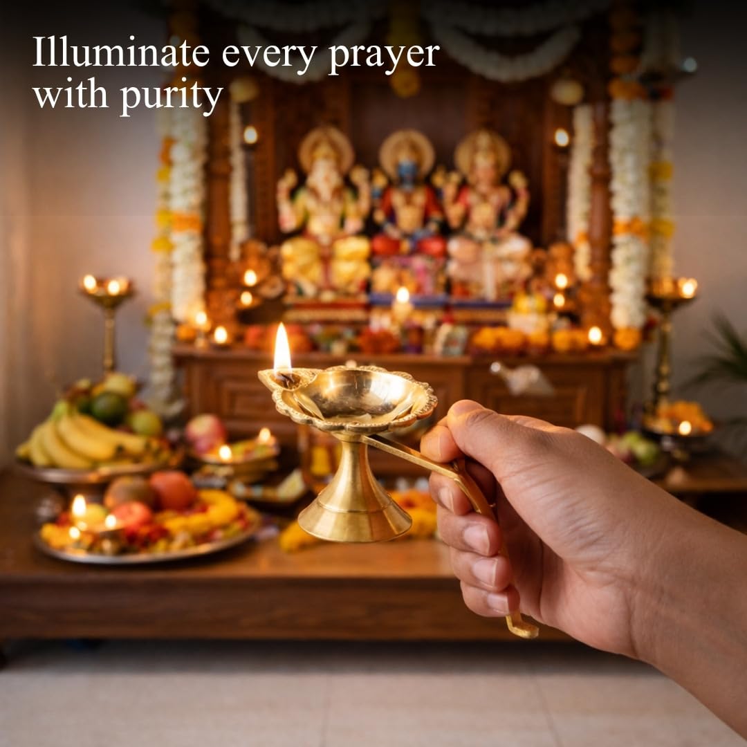 Klassic 5.7 Inch Pure Brass Aarti Diya for Puja, Home Temple, Mandir & Diwali Decor