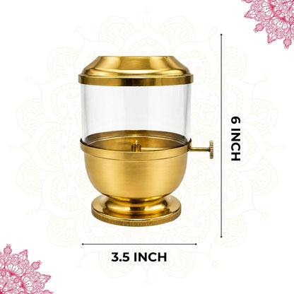 Klassic Pure Brass Akhand Diya 6 Inch with Glass Cover & Adjustable Bati