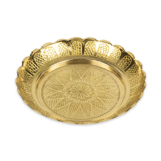 Klassic Engraved Small Brass Pooja Thali for Prasad Bhog, Diya Thali in Mandir (Gold), 5 Inch