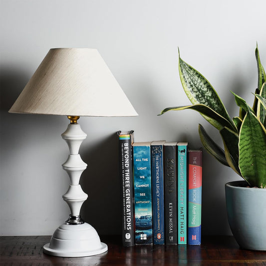 Lexton White Metal Pillar Table Lamp with beige shade, perfect for bedside and living room décor.
