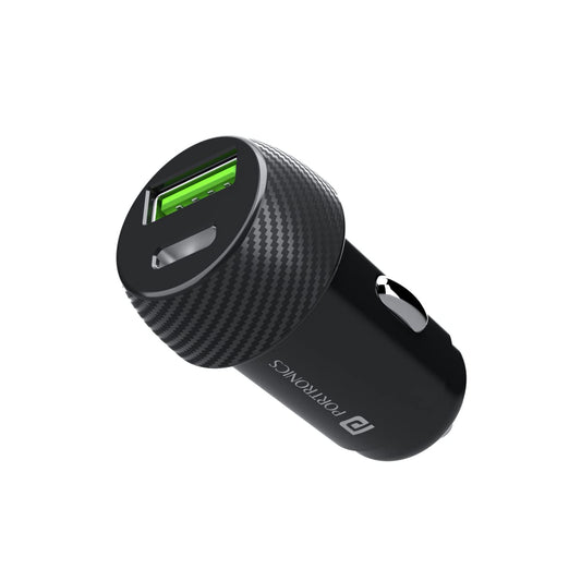 Portronics 20W Car Charger – Dual Port USB & Type-C Fast Charging (Black)
