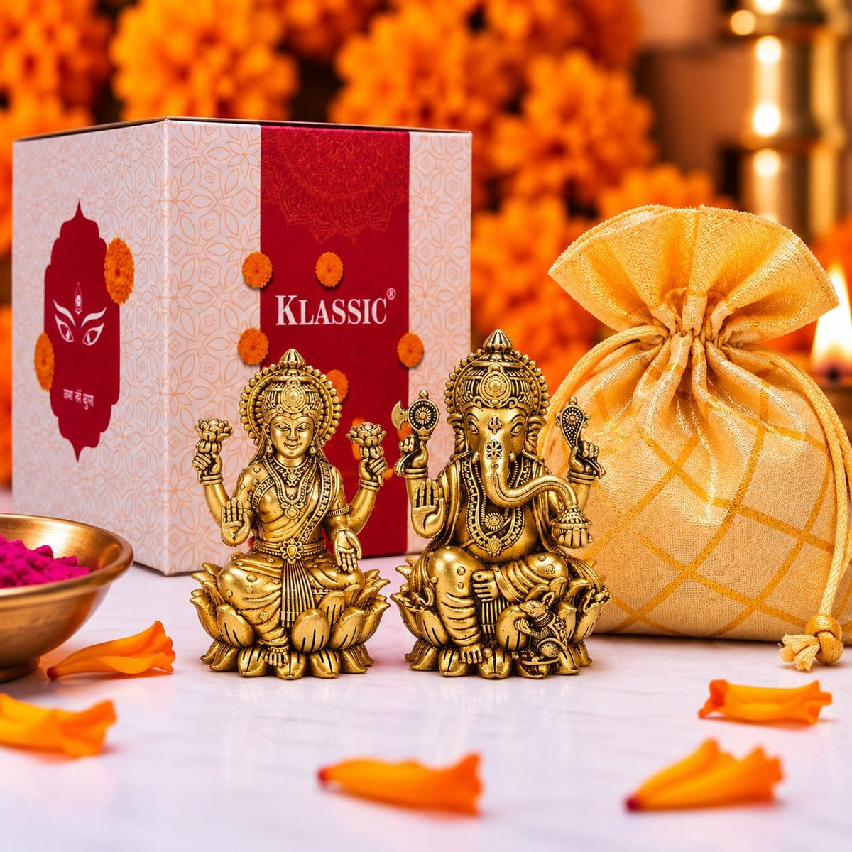 Klassic 3.5 Inch Brass Lakshmi Ganesha Idol Set – Antique Finish