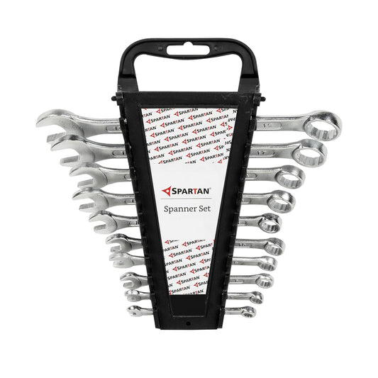 SPARTAN Carbon Steel Combination Spanner Set/Wrench Set/Tool Kit Multipurpose Home Use and Professional Spanners, Corrosion Resistant Chrome Plating Open Jaw and Ring Spanners (Silver, Set of 10)