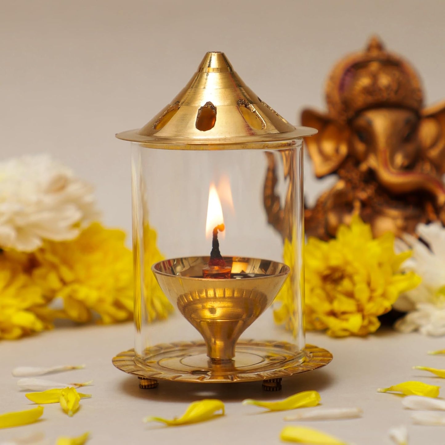 Klassic Navjyoti 4 Inch Brass Akhand Diya with Glass Shade