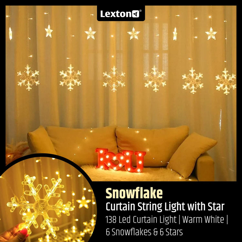 
                  
                    Lexton Snowflake Curtain String Light with Star | 138 Led Curtain Light | Warm White | 6 Snowflakes & 6 Stars | for Indoor Decorations, Christmas, Wedding, Party, Birthday
                  
                