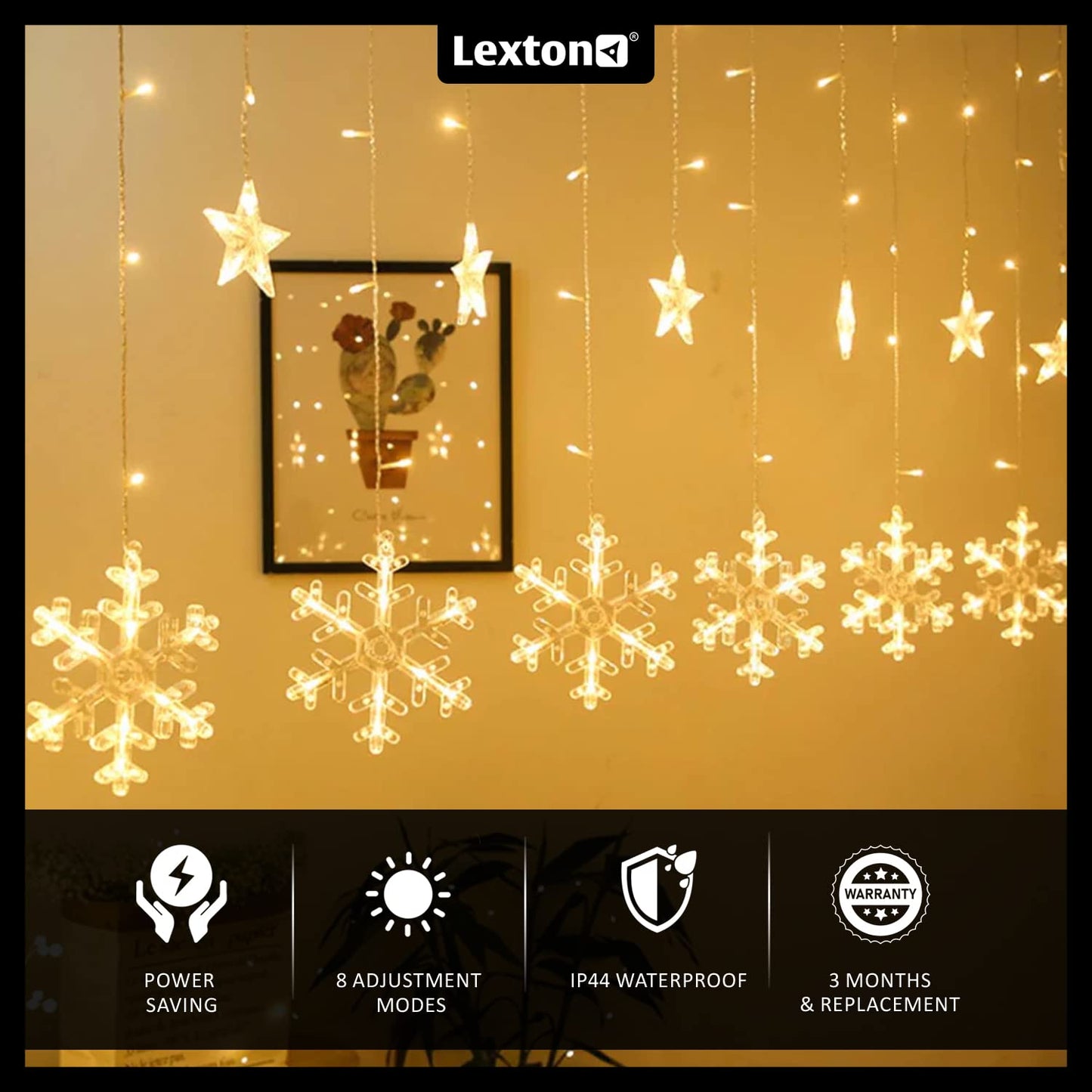 Lexton Snowflake & Star LED Curtain Light | 138 LEDs, Warm White