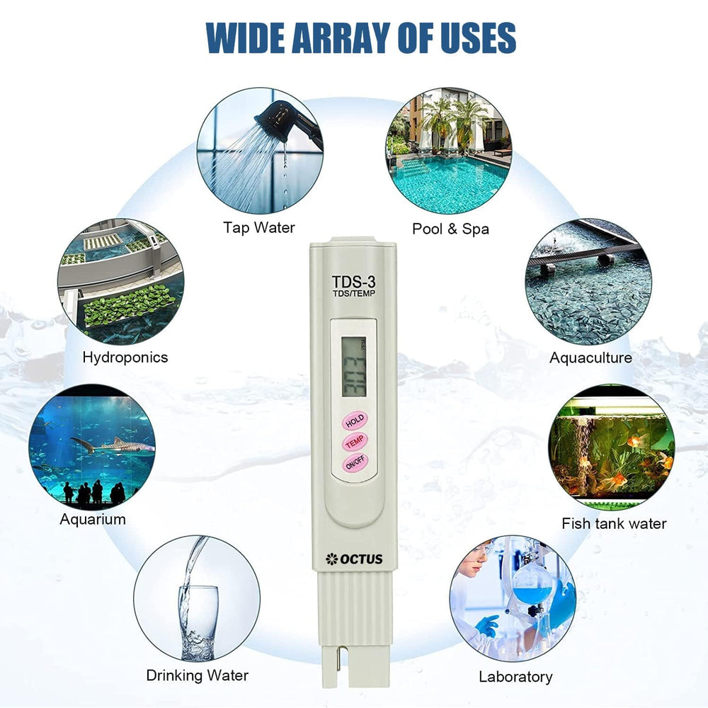 
                  
                    Octus Digital TDS Meter, PPM Meter for water testing, Water Quality Tester, TDS water tester for household, swimming pool, Aquariums, Hydroponics with 2 extra cells
                  
                