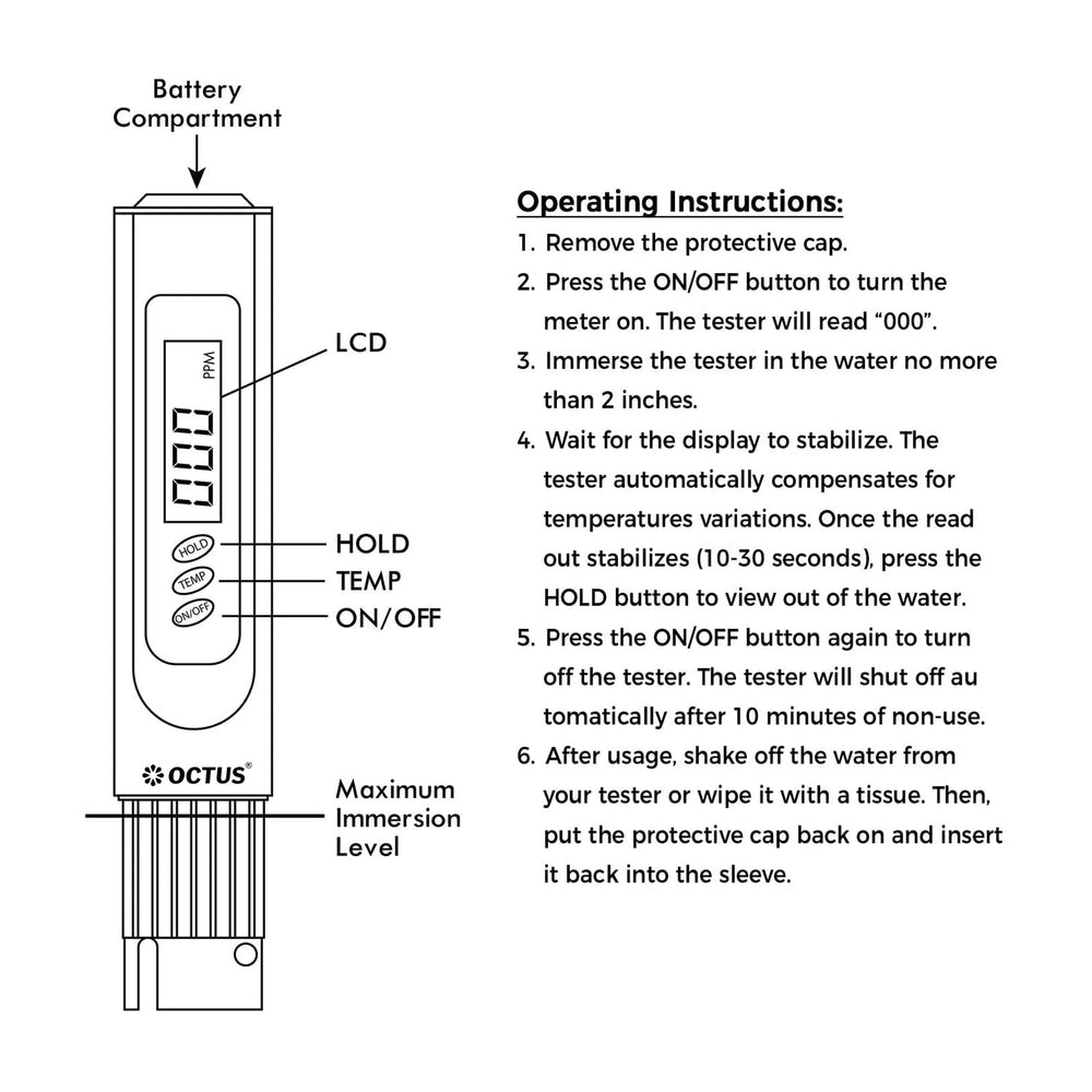 
                  
                    Octus Digital TDS Meter, PPM Meter for water testing, Water Quality Tester, TDS water tester for household, swimming pool, Aquariums, Hydroponics with 2 extra cells
                  
                