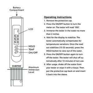 
                  
                    Octus Digital TDS Meter, PPM Meter for water testing, Water Quality Tester, TDS water tester for household, swimming pool, Aquariums, Hydroponics with 2 extra cells
                  
                