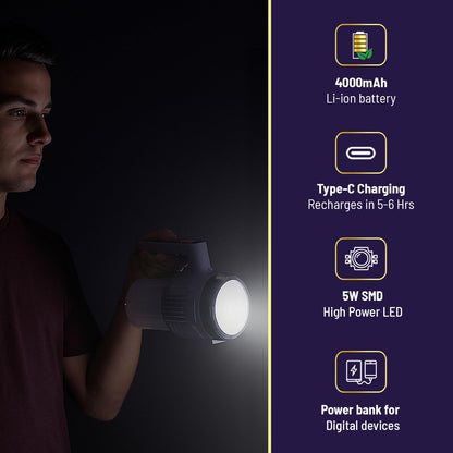 Lexton Omni Plus Rechargeable Torch Lantern, 4000mAh, 5W LED, Type-C