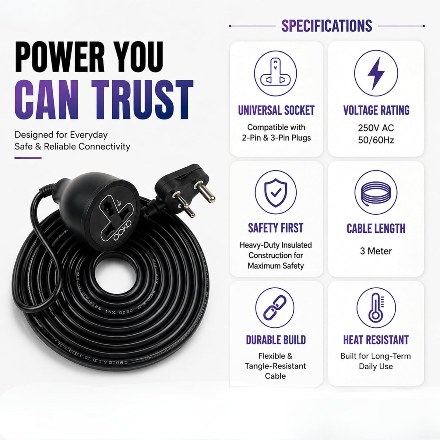 Ocko 10M Heavy-Duty 3-Pin Extension Cord | 10A 1500W Power Cable