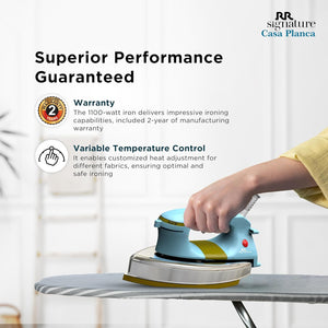 
                  
                    RR Signature Casa Planca 1100-watt Heavy Weight Dry Iron | Variable Temperature Control | Indicator Light | Double Coating Soleplate | Shockproof handle| 360o Swivel Cord | Weil Burger Teflon Coating
                  
                