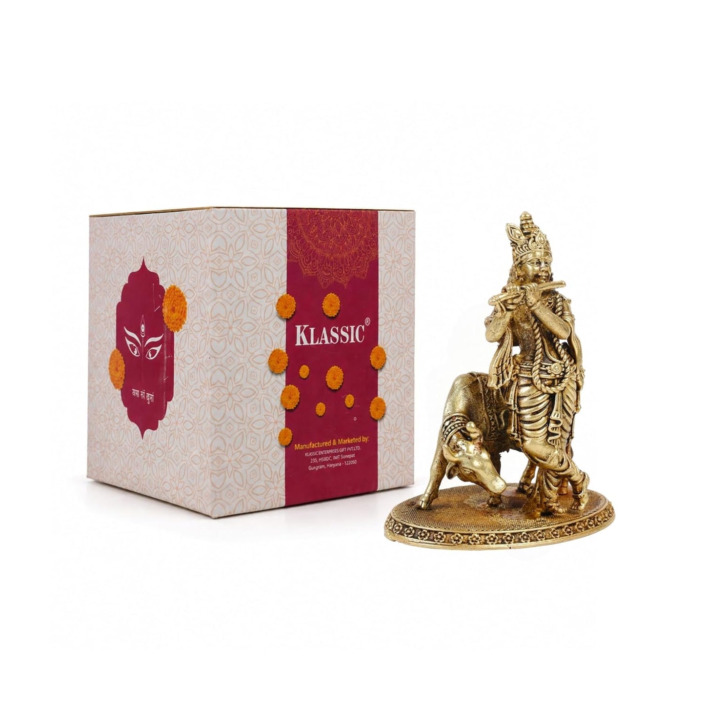 Klassic 3 Inch Brass Lord Krishna Idol with Cow | Mandir & Home Decor