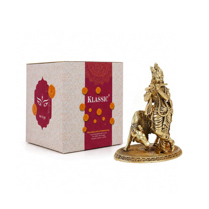 Klassic 3 Inch Brass Lord Krishna Idol with Cow | Mandir & Home Decor