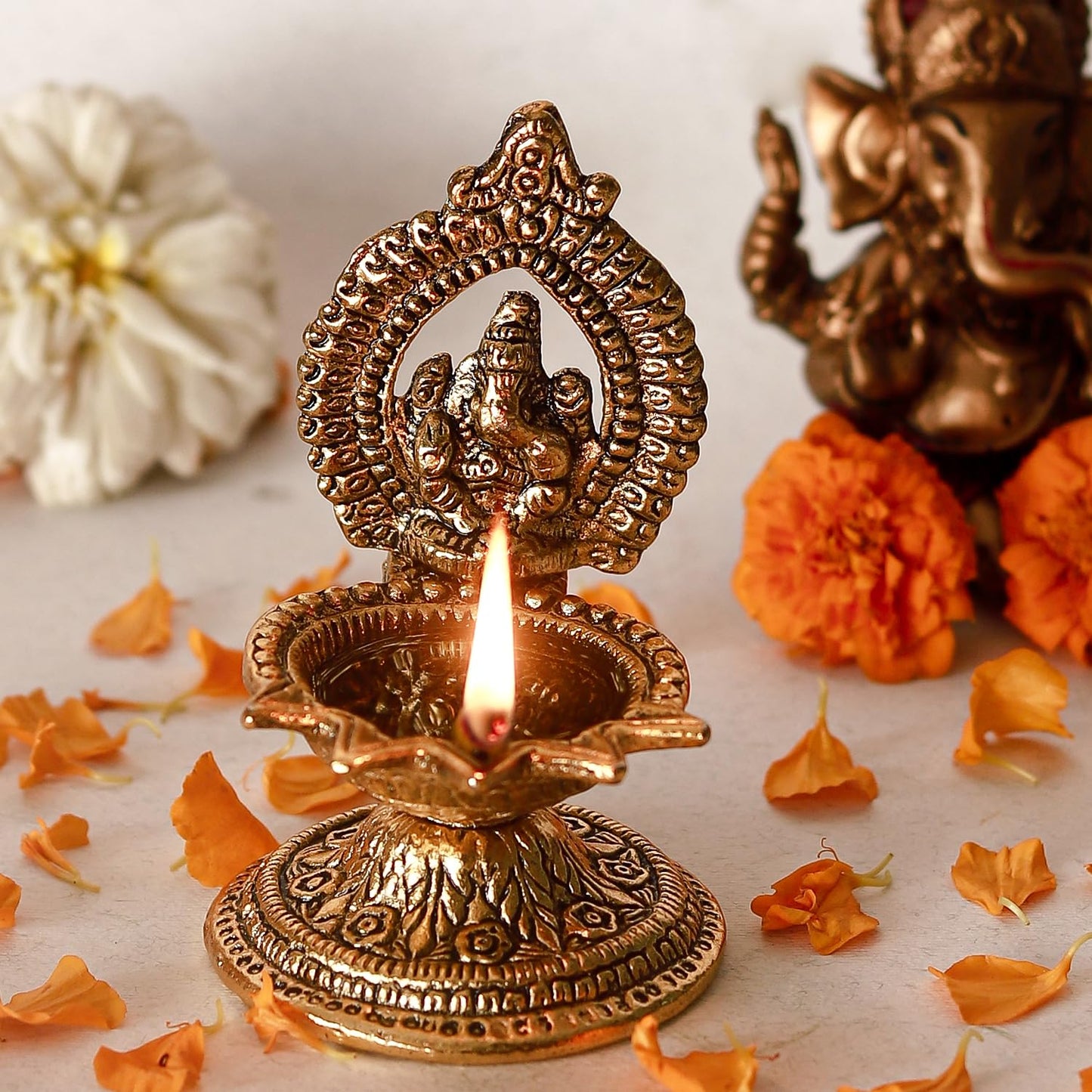 Klassic Antique Ganeshaji Metal Diya | Gold Plated 5 Batti Oil Lamp