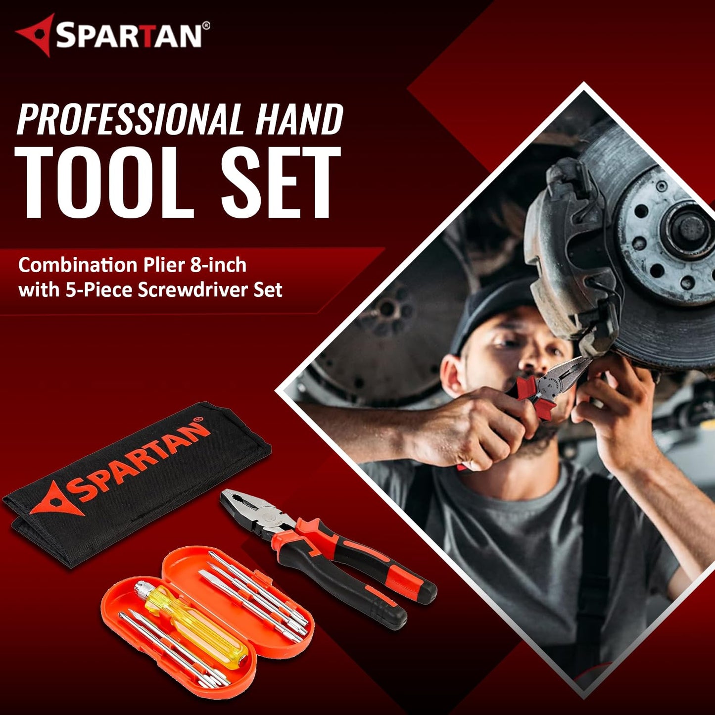 Spartan 8 Inch Combination Plier with 5 Piece Screwdriver Set | Heavy Duty Hand Tool Combo