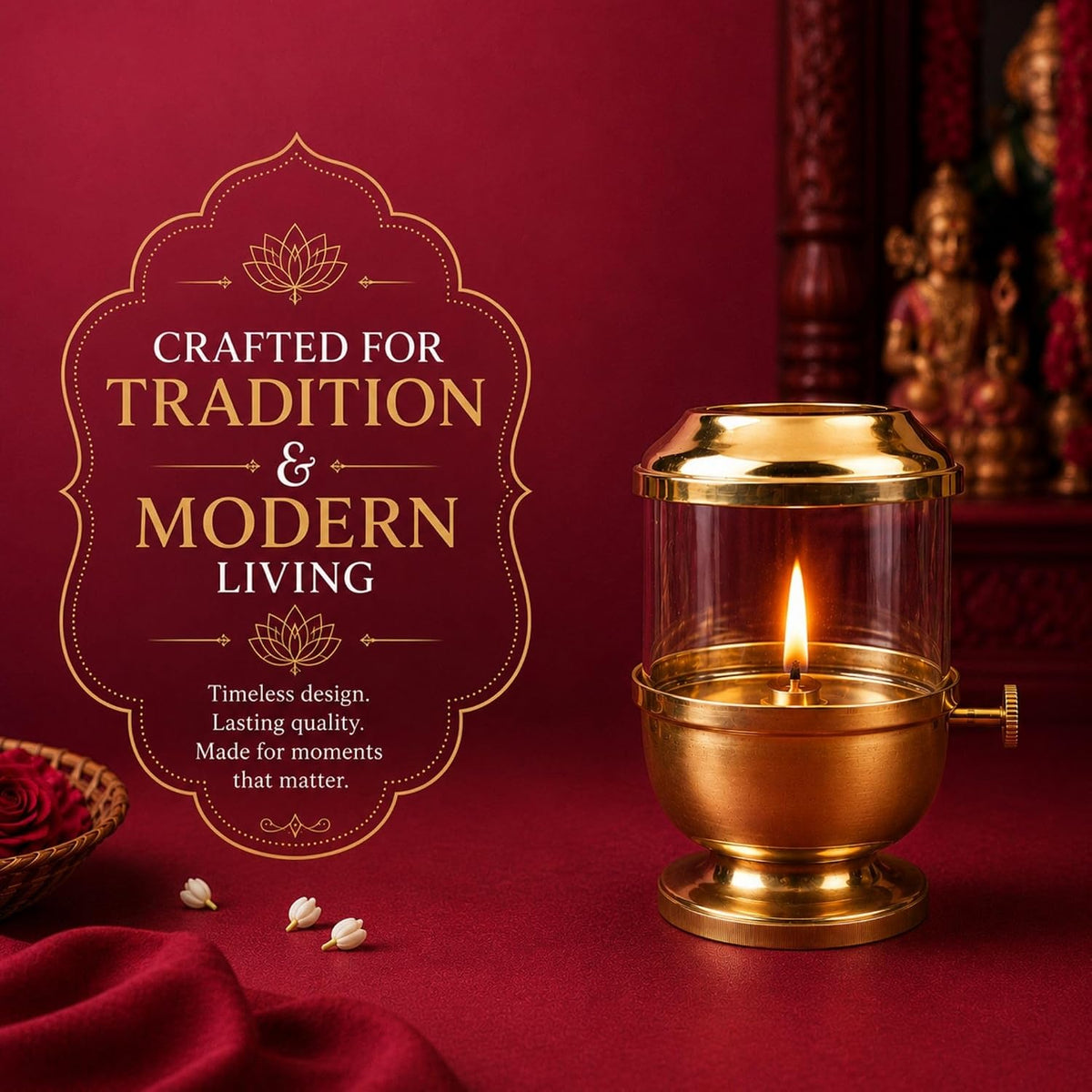 Klassic Pure Brass Akhand Diya 6 Inch with Glass Cover & Adjustable Bati