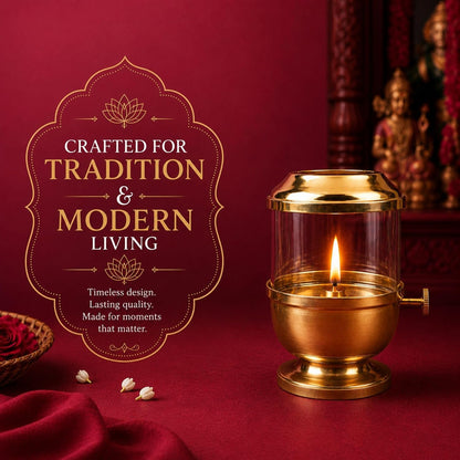 Klassic Pure Brass Akhand Diya 6 Inch with Glass Cover & Adjustable Bati