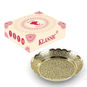 
                  
                    Klassic Brass Puja Thali/Bhog Thali with Flower Embossed Design for Mandir Home & Temple Decoration & Gifting (Gold, 4.25 Inch Diameter), 1 Pcs
                  
                