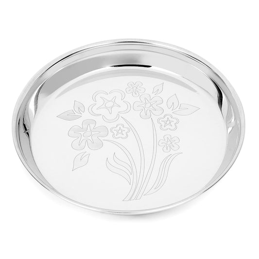 Sorabh Steel 8" Stainless Steel Deep Thali – Mirror Glossy, Laser Flower Print, Pack of 4