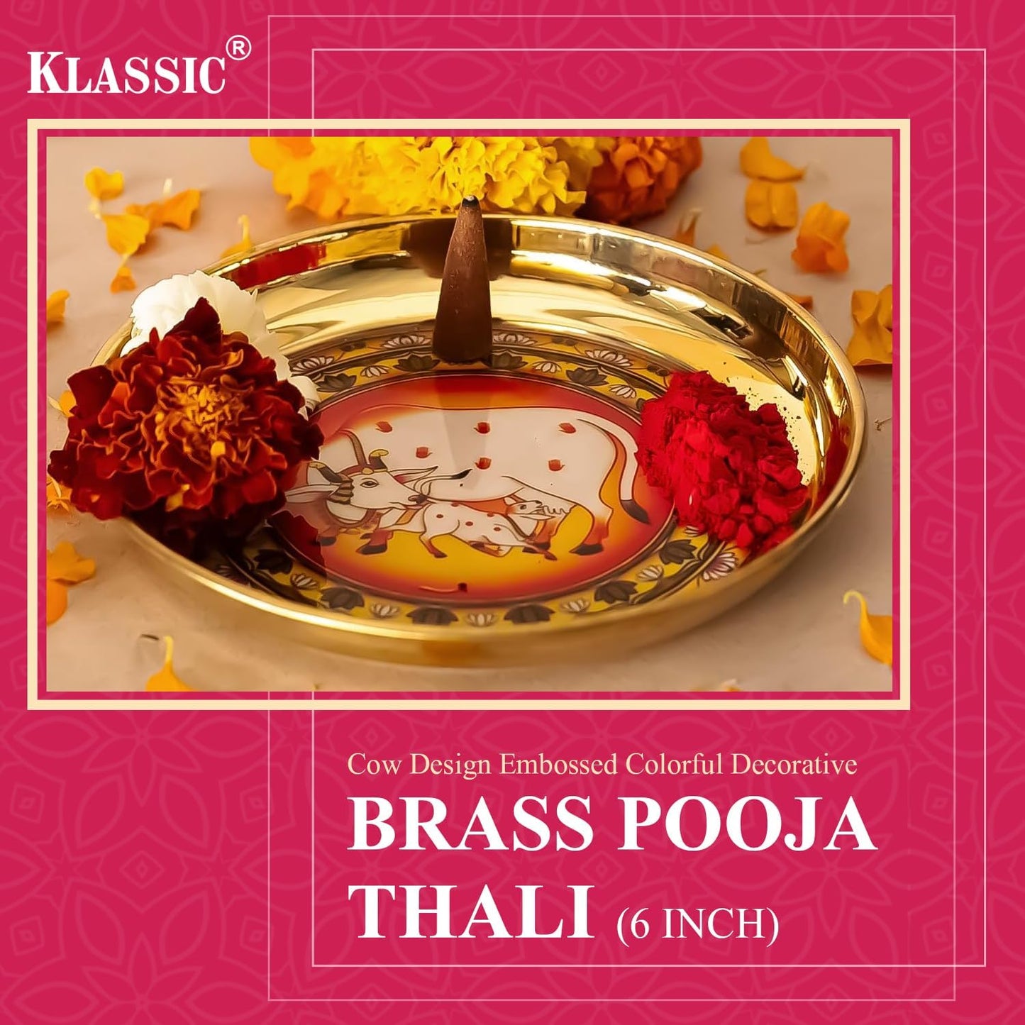 Klassic 8 Inch Handcrafted Brass Aarti Thali with Cow Design for Puja, Diwali & Navratri